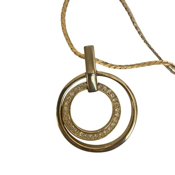 Gold Tone Circle Pendant Necklace Earring Set Rhinestone Inlay 24" S Chain - Picture 3 of 9